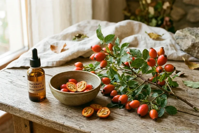 Cinorrodi di rosa canina maturi con macerato glicerico in bottiglia ambrata — proprietà benefici difese immunitarie Emporium Sadalmelik