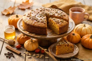 Torta di zucca speziata con semi tostati e miele, fetta tagliata su tavola d'autunno — ricetta equinozio Emporium Sadalmelik