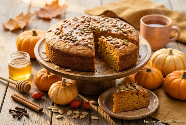 Torta di zucca speziata con semi tostati e miele, fetta tagliata su tavola d'autunno — ricetta equinozio Emporium Sadalmelik