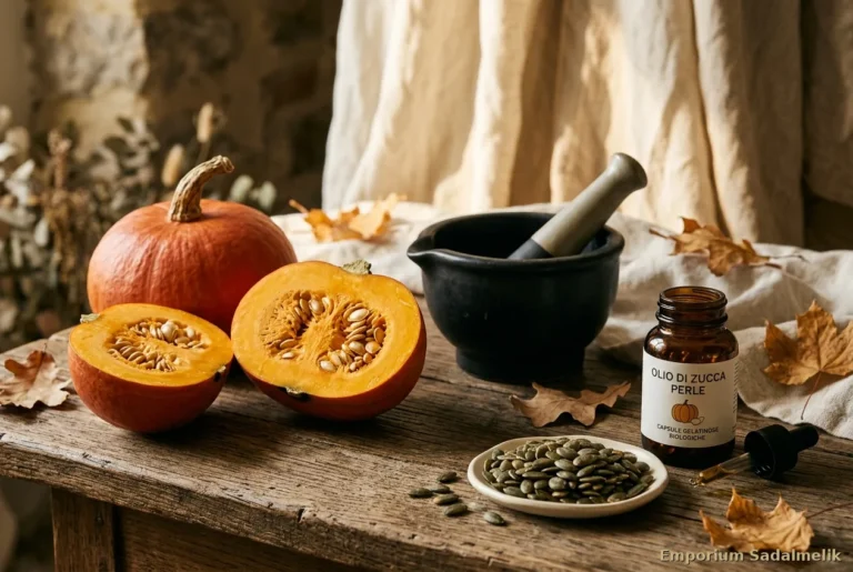 Zucca tagliata con semi tostati e Olio di Zucca Perle in flacone ambrato — proprietà benefici equinozio autunno Emporium Sadalmelik