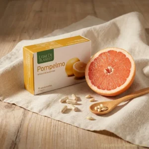 Pompelmo fresco tagliato con semi in primo piano e flacone di capsule vegetali su lino grezzo — bioflavonoidi naturali Emporium Sadalmelik