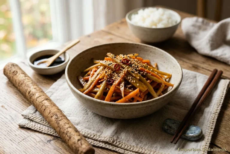 Kinpira di bardana e carota saltate al sesamo in ciotola di ceramica, con radice di bardana fresca su lino, Emporium Sadalmelik