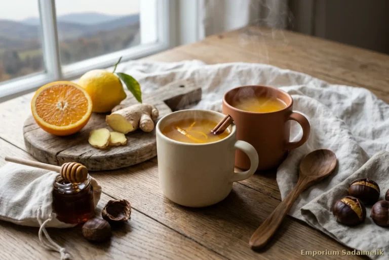 Bevanda calda di arancia, zenzero e miele in tazze di ceramica con agrumi e zenzero fresco, Emporium Sadalmelik