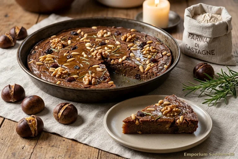 Castagnaccio toscano con pinoli, noci e rosmarino in teglia e fetta su piatto di ceramica, ricetta di Ognissanti Emporium Sadalmelik