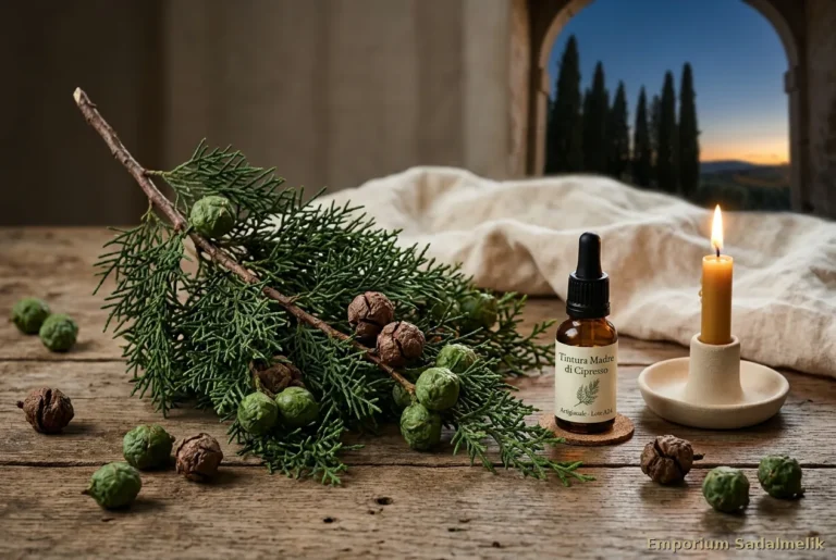 Ramo di cipresso con galbule, tintura ambrata e candela: proprietà e benefici del cipresso, Emporium Sadalmelik
