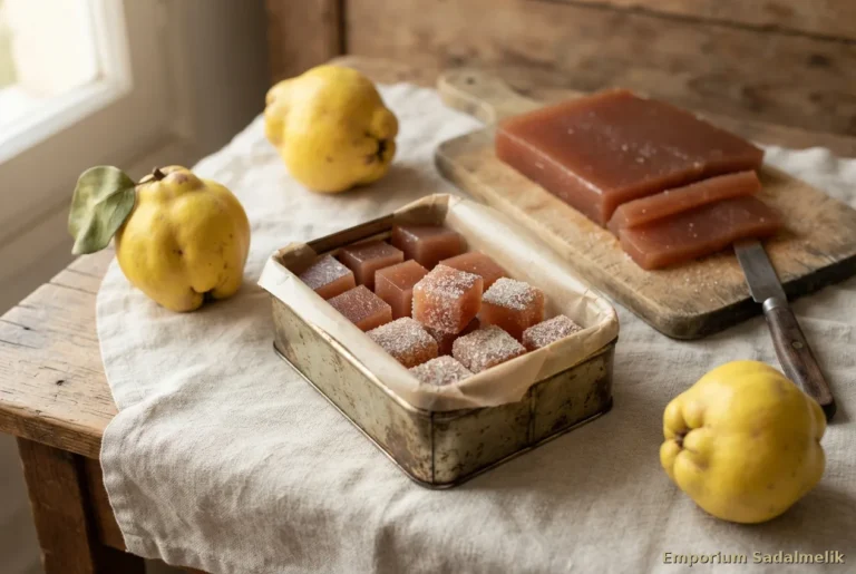 Cubetti di cotognata fatta in casa in scatola di latta con mele cotogne fresche, ricetta della tradizione Emporium Sadalmelik