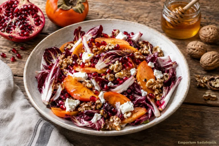 Insalata di radicchio tardivo, cachi, melagrana e noci tostate su piatto di ceramica, ricetta d'autunno Emporium Sadalmelik
