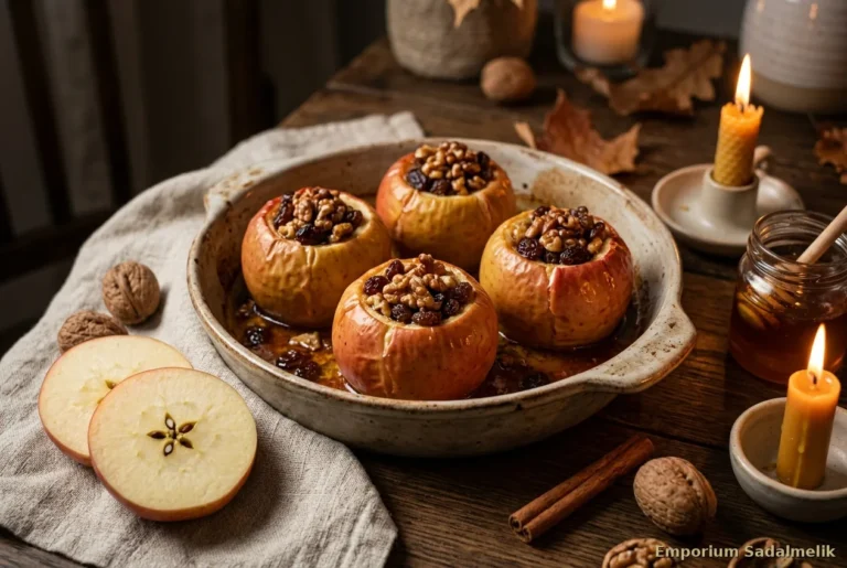 Mele al forno ripiene di noci, uvetta e miele in pirofila, con mela tagliata a stella e candela, ricetta di Samhain Emporium Sadalmelik
