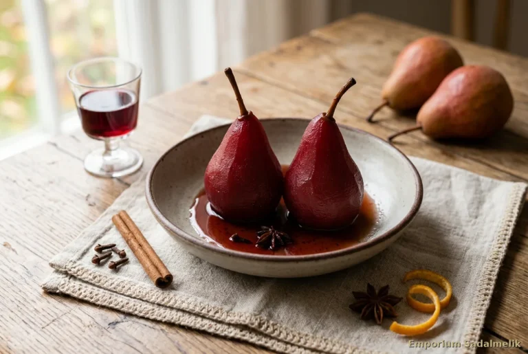 Pere cotte al vino rosso con sciroppo speziato, cannella e chiodi di garofano su lino, ricetta d'autunno Emporium Sadalmelik