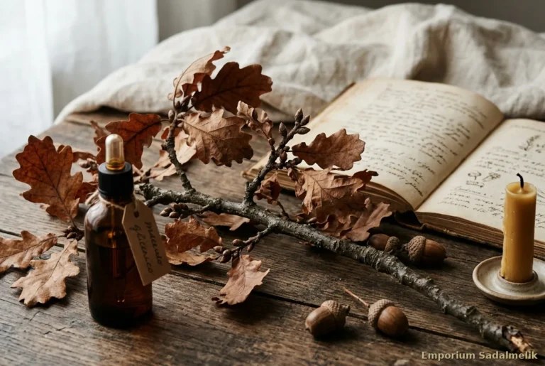 Ramo di quercia con foglie secche, ghiande e macerato ambrato: quercia gemmoderivato proprietà, Emporium Sadalmelik