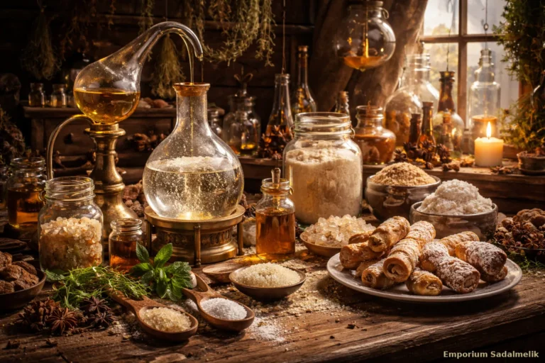 Antica spezieria con alambicco, vasi di zucchero e miele e un piatto di dolci spolverati di zucchero su un tavolo di legno