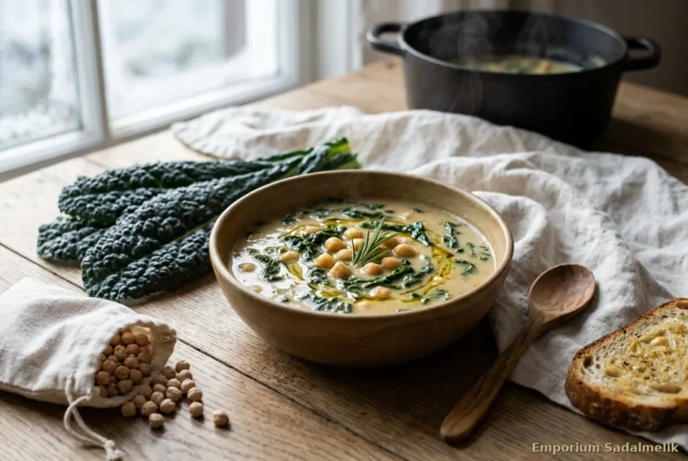 Ciotola di zuppa di ceci e cavolo nero al rosmarino, con foglie di cavolo nero fresco accanto